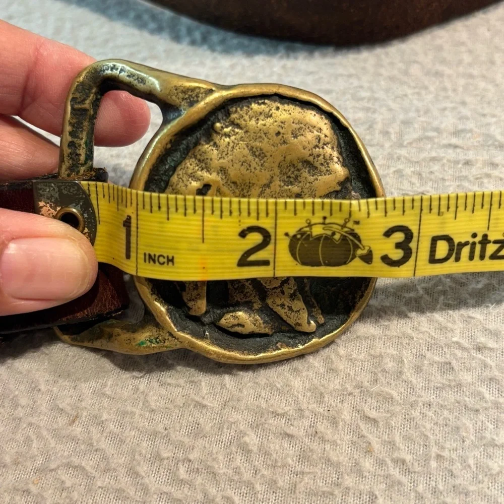 Vintage 70’s Solid Brass Indian Head Nickel Belt Buckle Genuine Leather Belt Sma